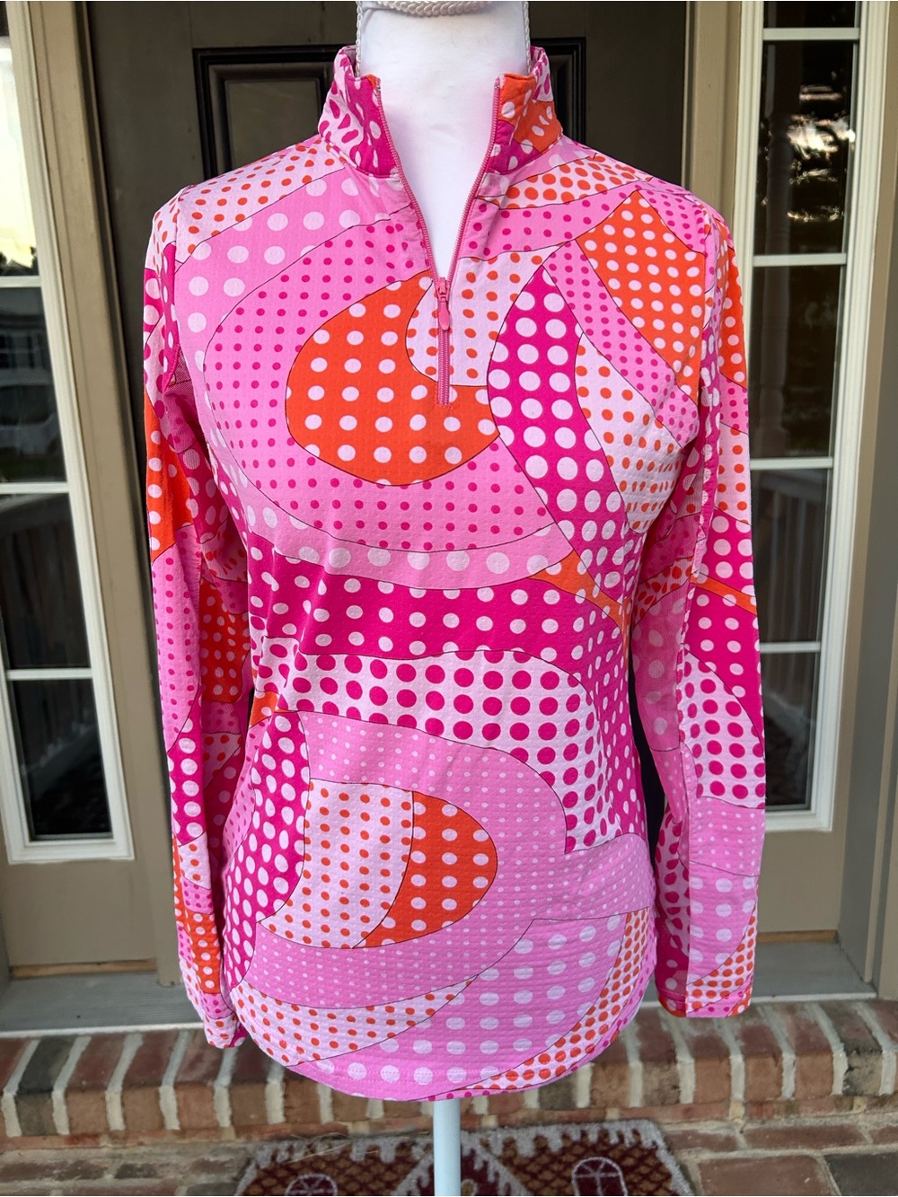 IBKUL 1/4 zip Mock Neck Pink Orange Polka Dot Long Sleeve Top Sheer Mesh XS